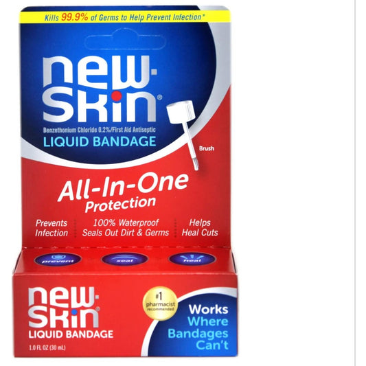 New-Skin First Aid Antiseptic Liquid Bandage one fluid ounce bottle front view showcasing the packaging.