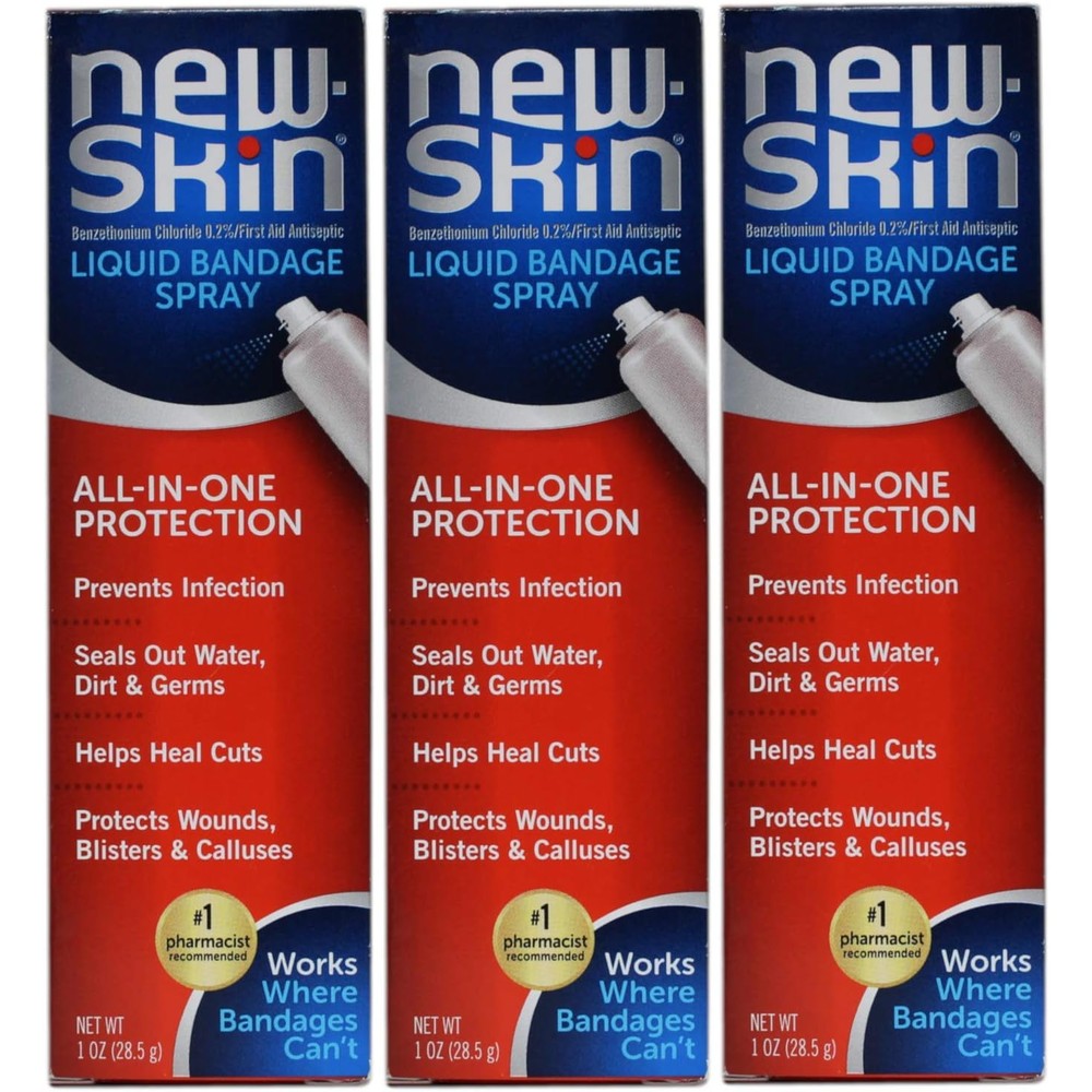 New-Skin Liquid Bandage Spray front view pack of three canisters for first aid wound protection.