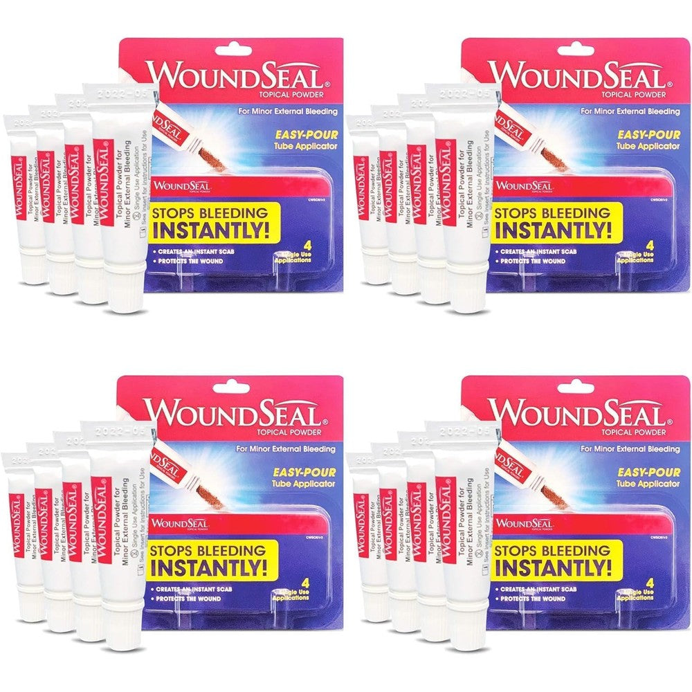 WoundSeal Topical Powder pack of four front packaging view for first aid emergency bleeding care.