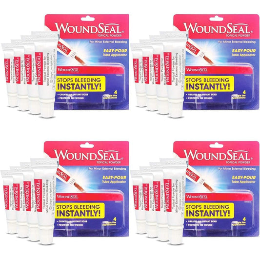 WoundSeal Topical Powder pack of four front packaging view for first aid emergency bleeding care.