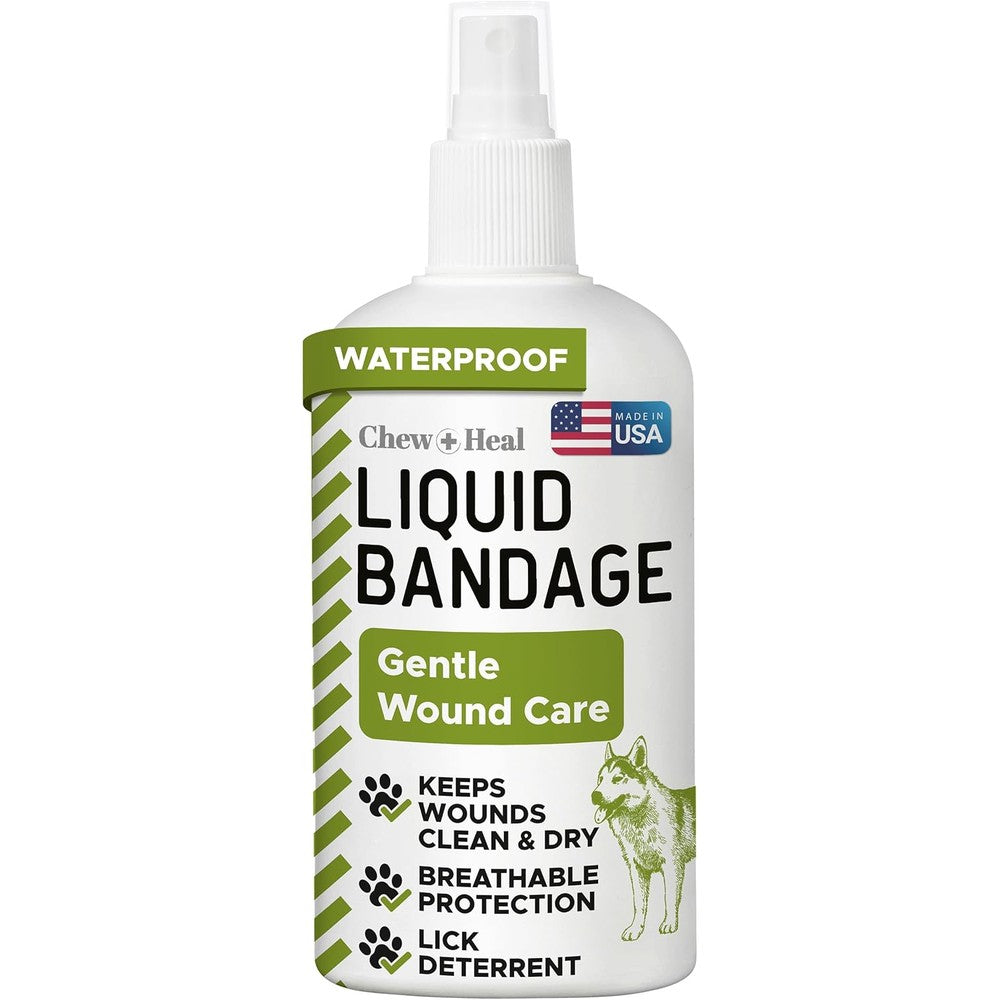 Chew + Heal Labs Pet Liquid Bandage spray bottle front view dog wound care product