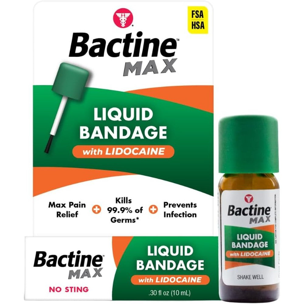 Bactine MAX Liquid Bandage with Lidocaine front view packaging for first aid pain relief.