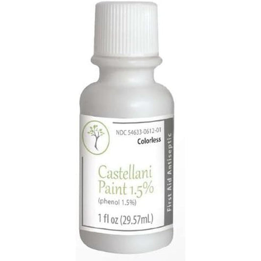 Castellani Paint Phenol 1.5% Modified Colorless Antiseptic 1 Ounce bottle front view for first aid infection prevention.