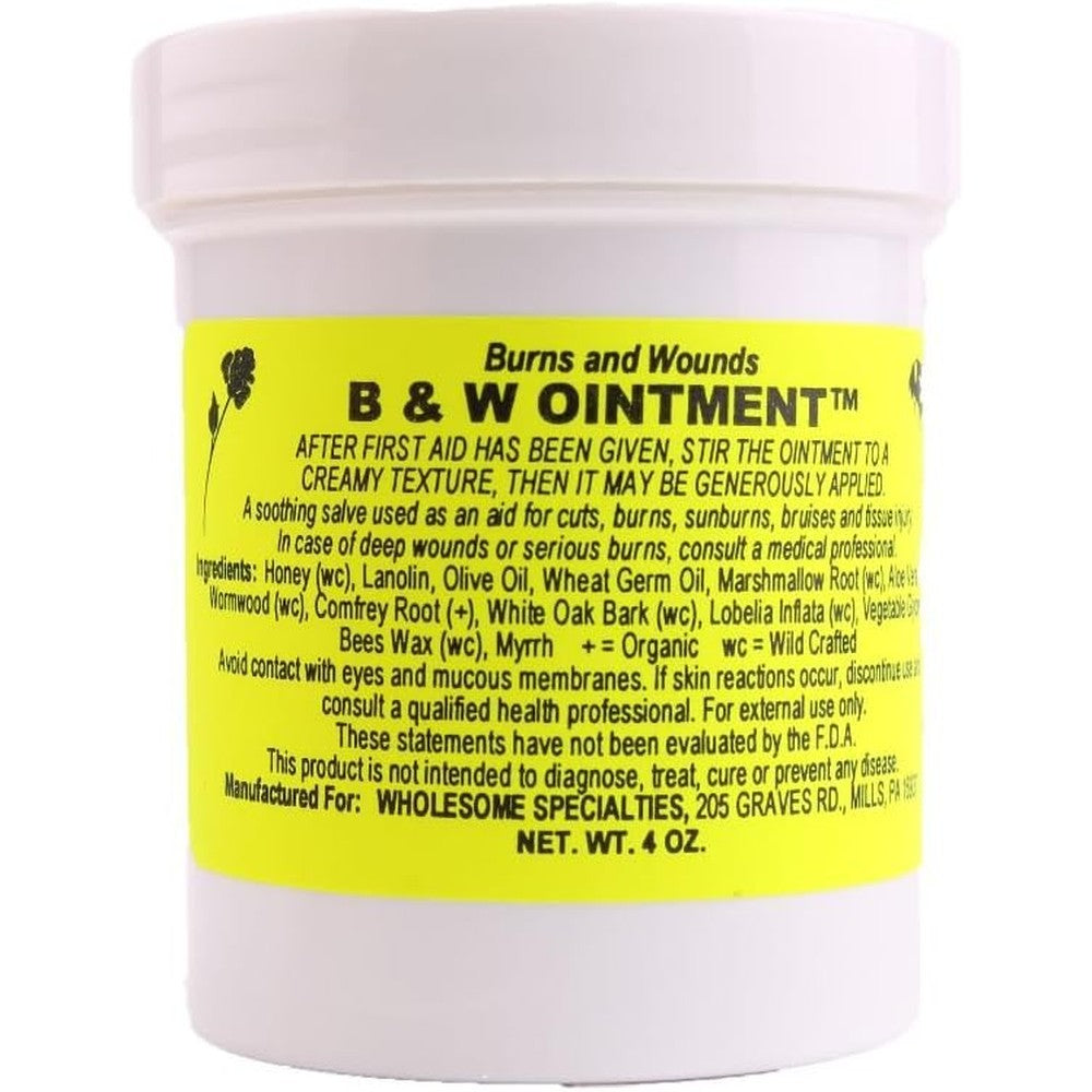 B & W Burn and Wound Ointment 4 Ounce jar front view showing the traditional Amish healing formula.