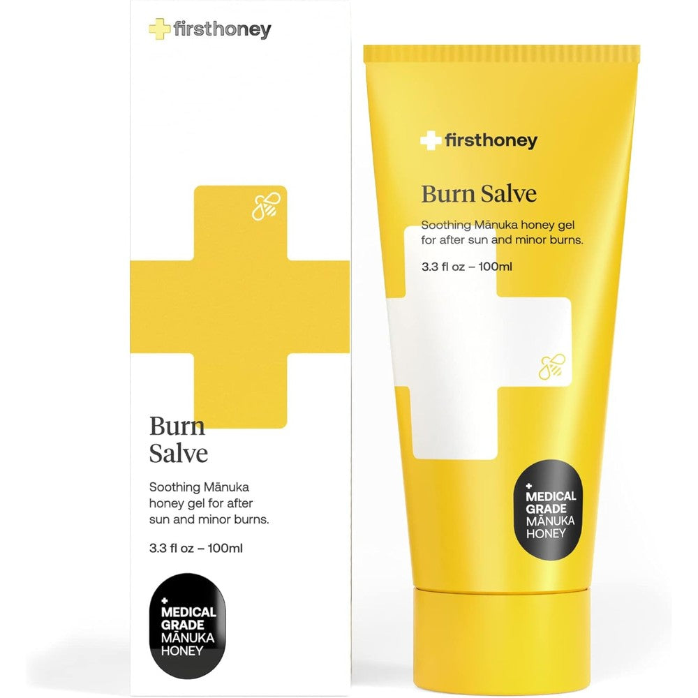 First Honey Burn Salve tube front view showing medical grade Manuka honey ingredients.