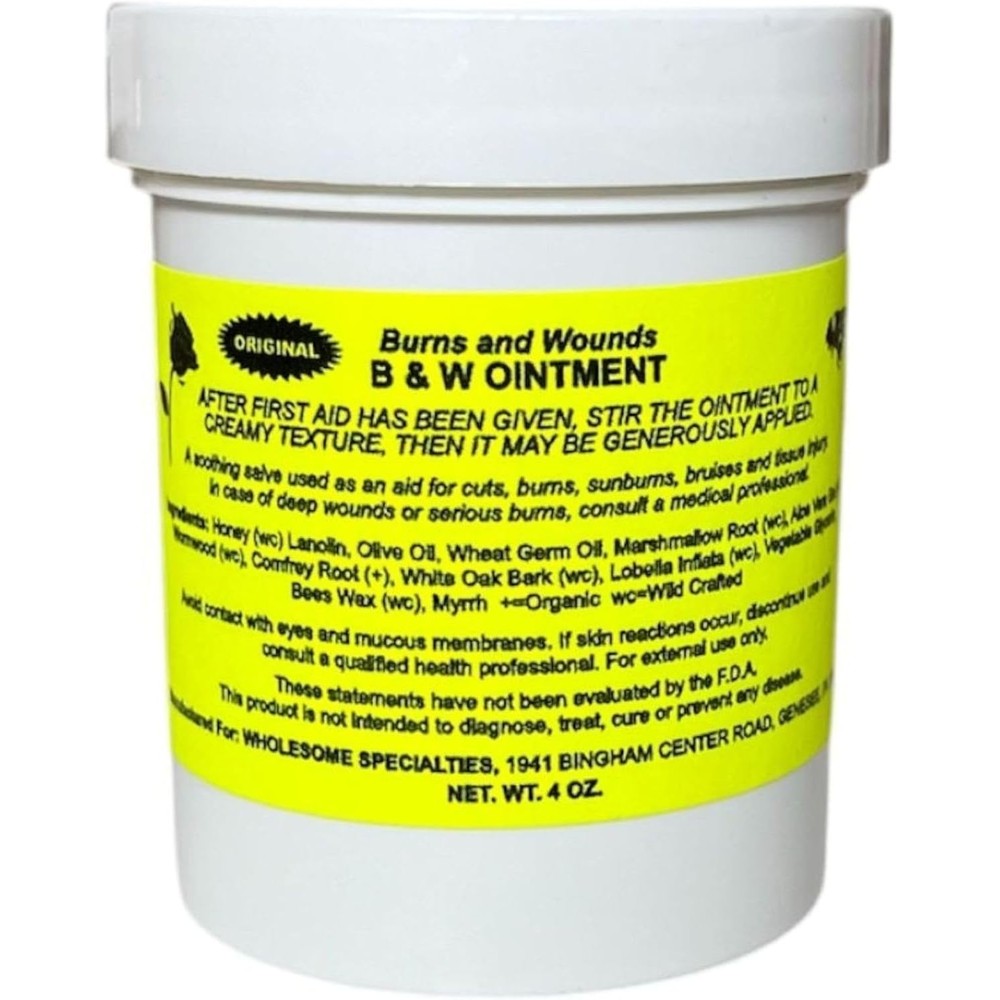 Burn and Wound Ointment 4 Ounce front view of natural Amish burn salve container.