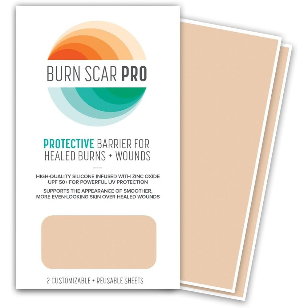 Burn Scar Pro Silicone Scar Sheets front packaging showing two large patches.