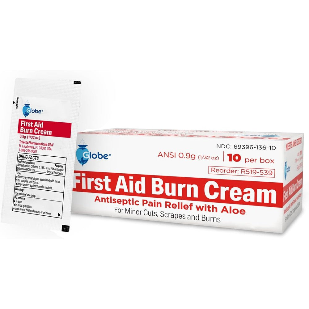 Globe First Aid Burn Cream 10 count box front view for infection protection