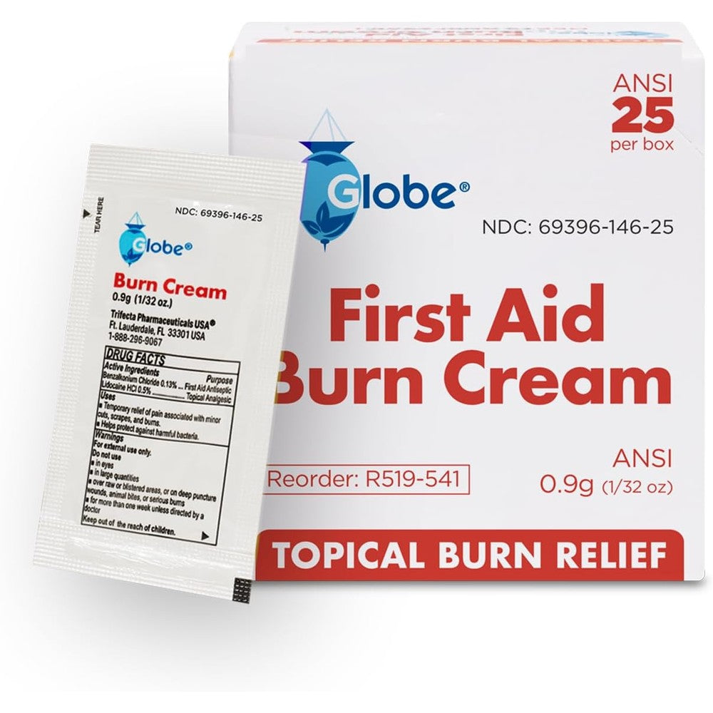Globe First Aid Burn Cream box of 25 packets front view for pain relief
