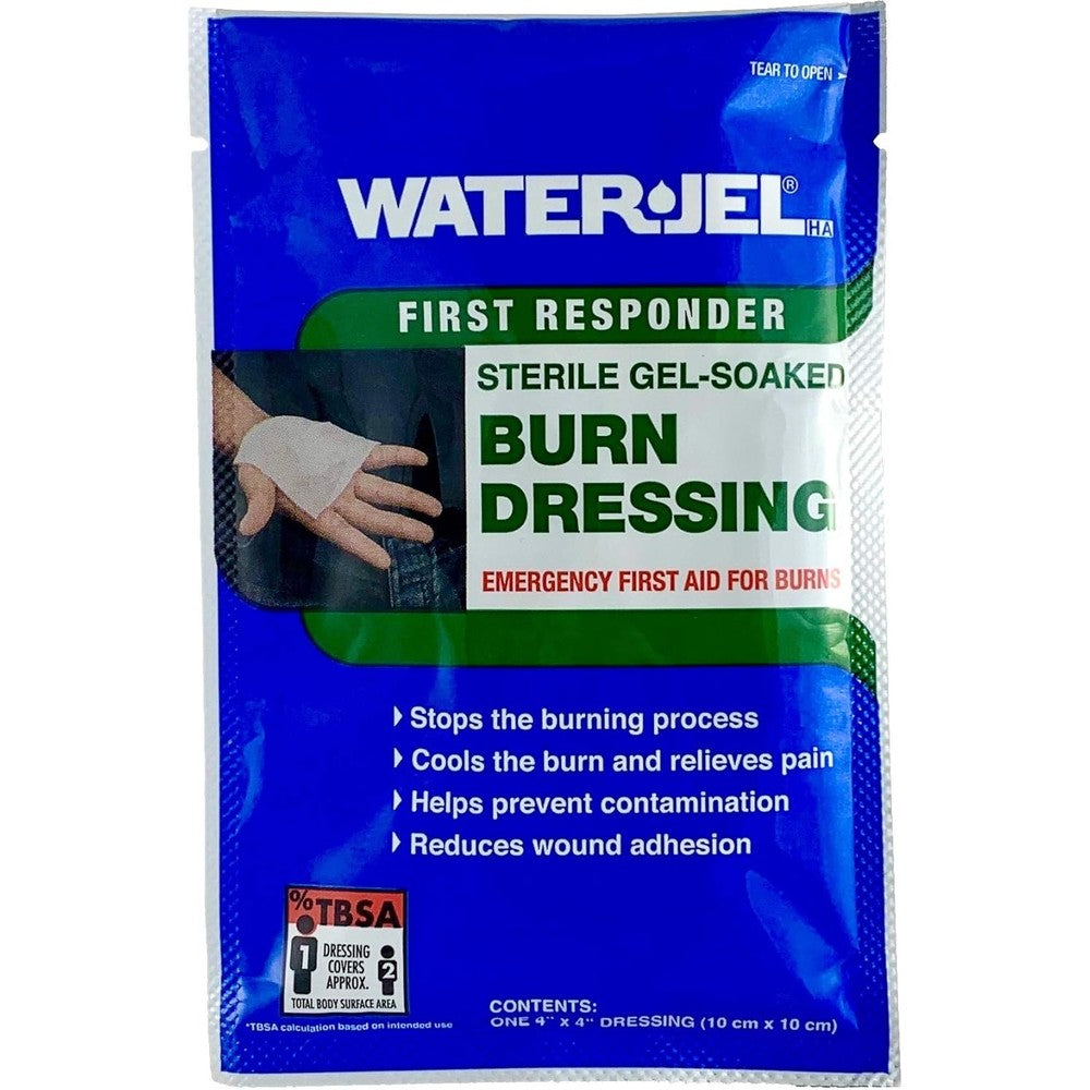 Safecross Water-JEL Sterile Burn Dressing 4x4 inch front view foil packaging.