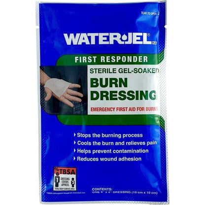 Safecross Water-JEL Sterile Burn Dressing 4x4 inch front view foil packaging.