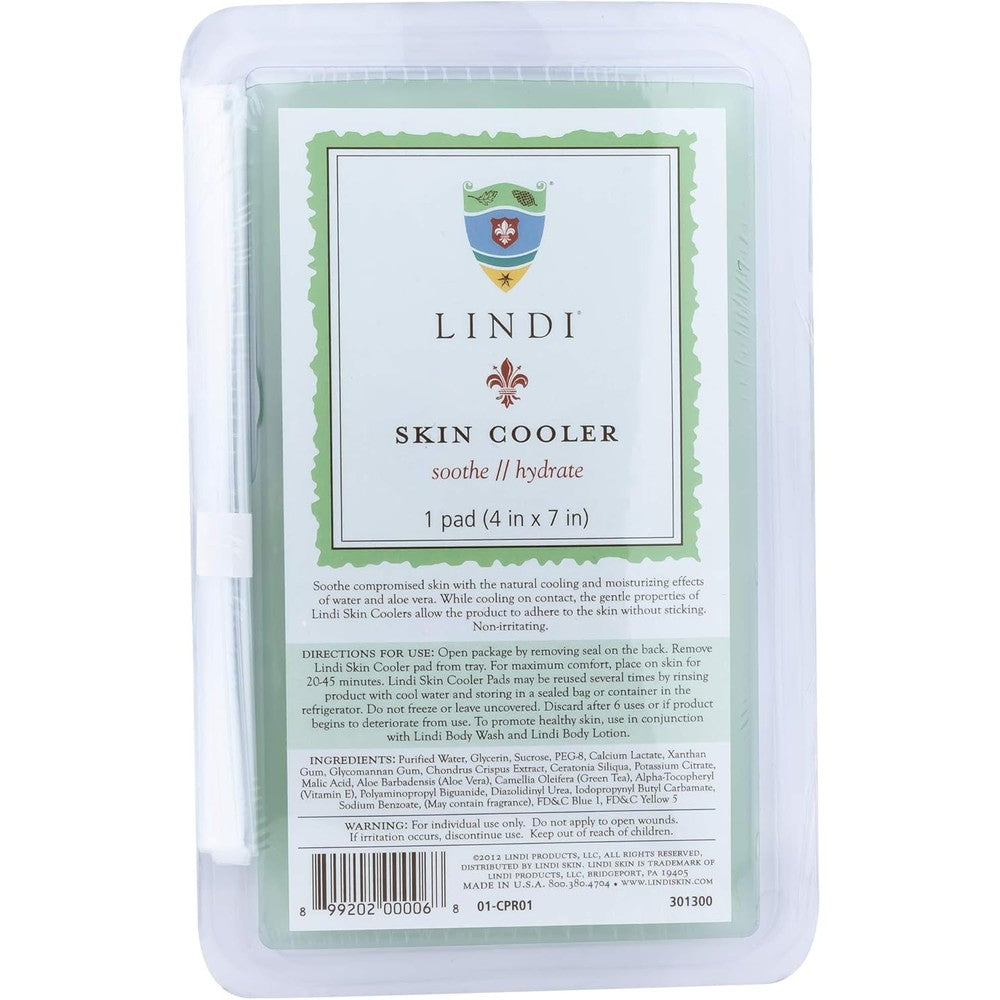 Lindi Skin Cooler Pad front view packaging showing hydrogel benefits.