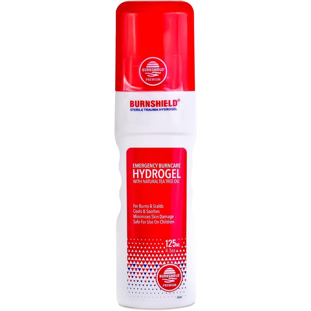 Burnshield Premium Hydrogel Burn Spray 125ml front view for emergency burn care.