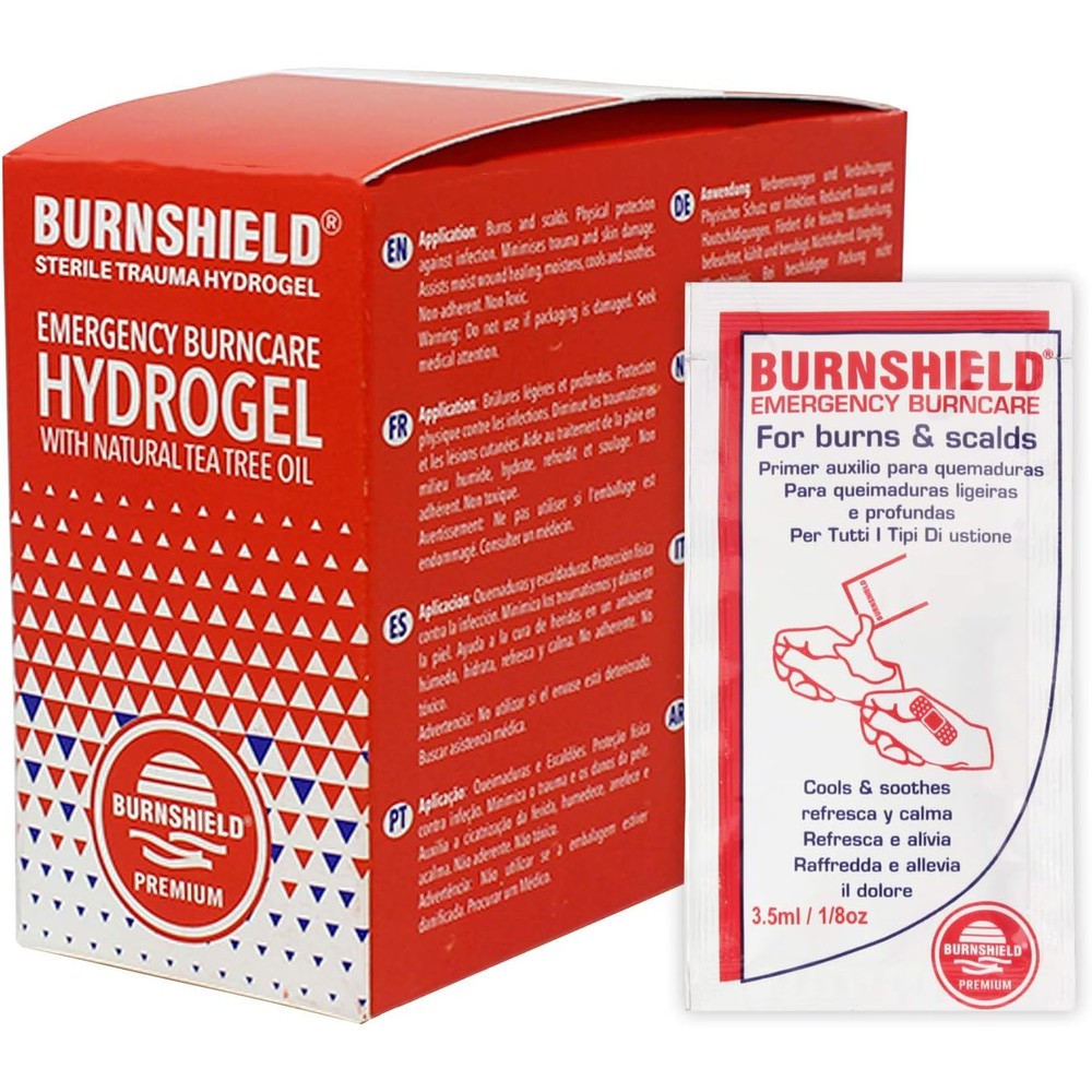 Burnshield First Aid Burn Relief Hydrogel Sachets front view of 25 count dispenser box.