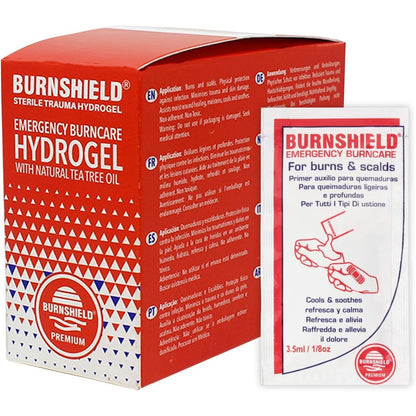 Burnshield First Aid Burn Relief Hydrogel Sachets front view of 25 count dispenser box.