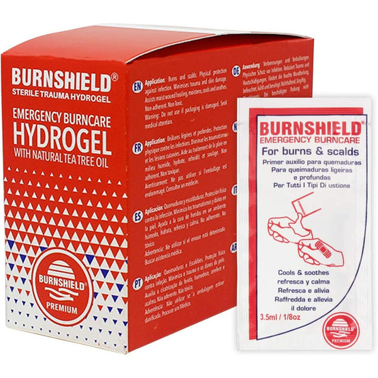 Burnshield First Aid Burn Relief Hydrogel Sachets front view of 25 count dispenser box.