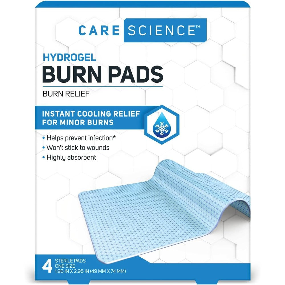Care Science Hydrogel Sterile Burn Dressing Pads 4 Count front packaging.