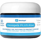 Medagel Hexagels Plus Aloe Vera front view of 50 count pack for skin relief.