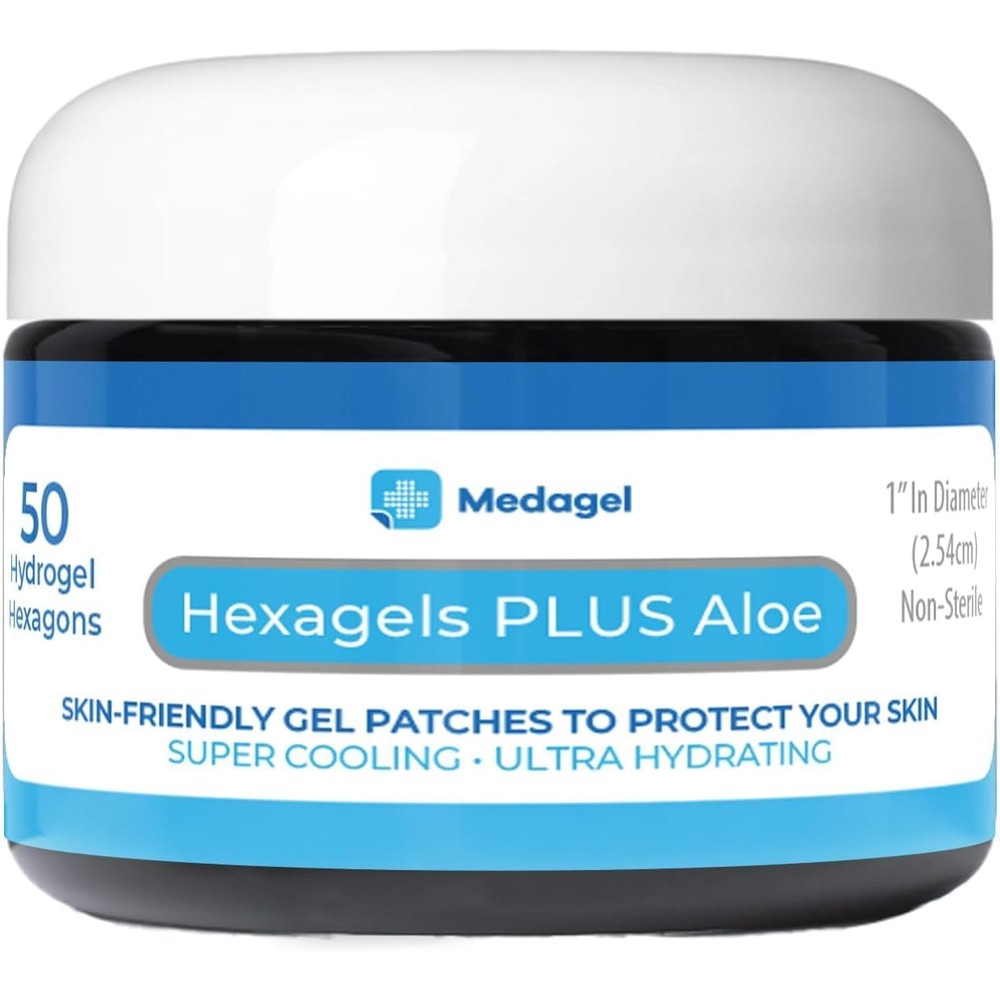 Medagel Hexagels Plus Aloe Vera front view of 50 count pack for skin relief.
