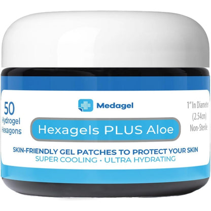 Medagel Hexagels Plus Aloe Vera front view of 50 count pack for skin relief.