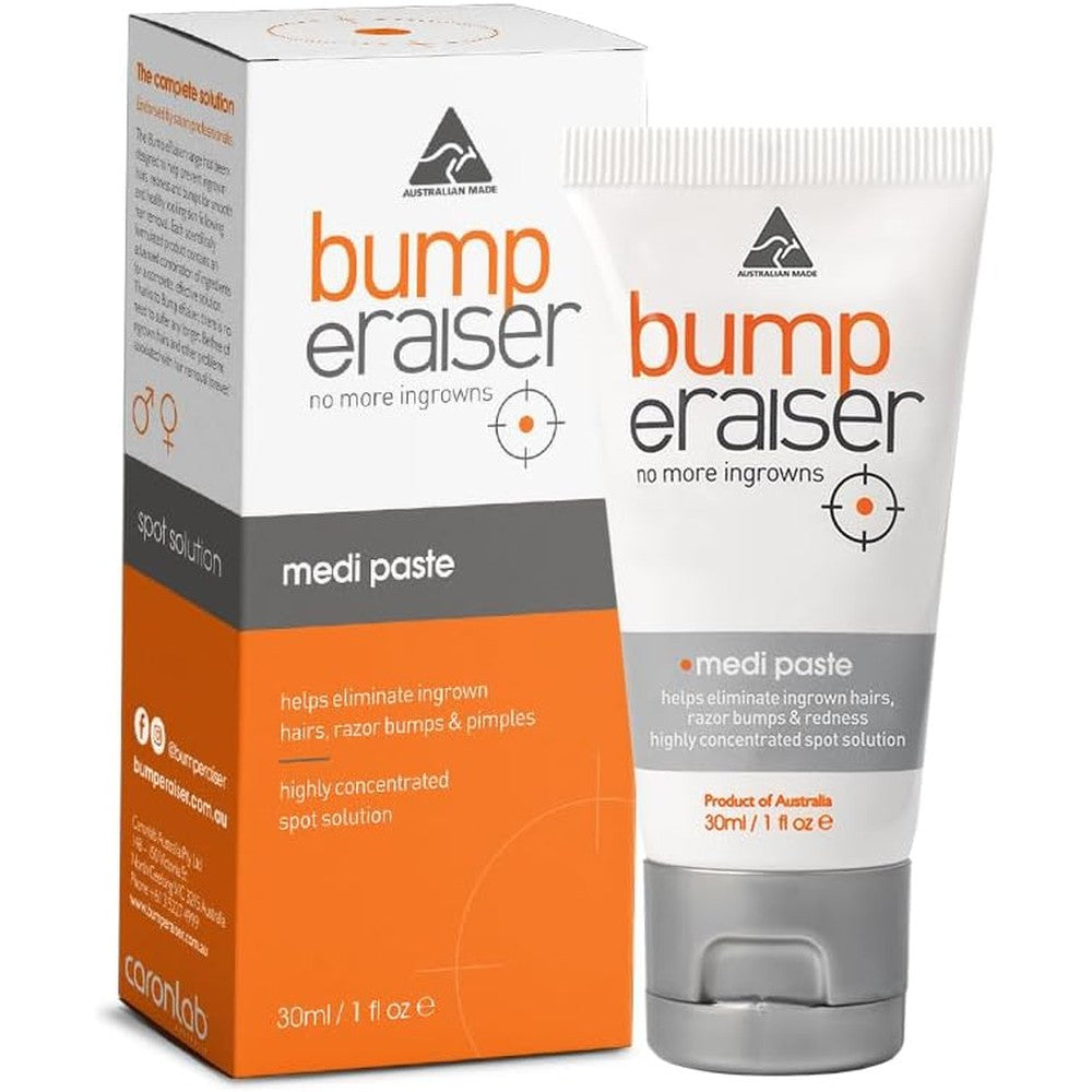 Bump eRaiser Medi Paste 30ml tube front view for ingrown hair treatment.