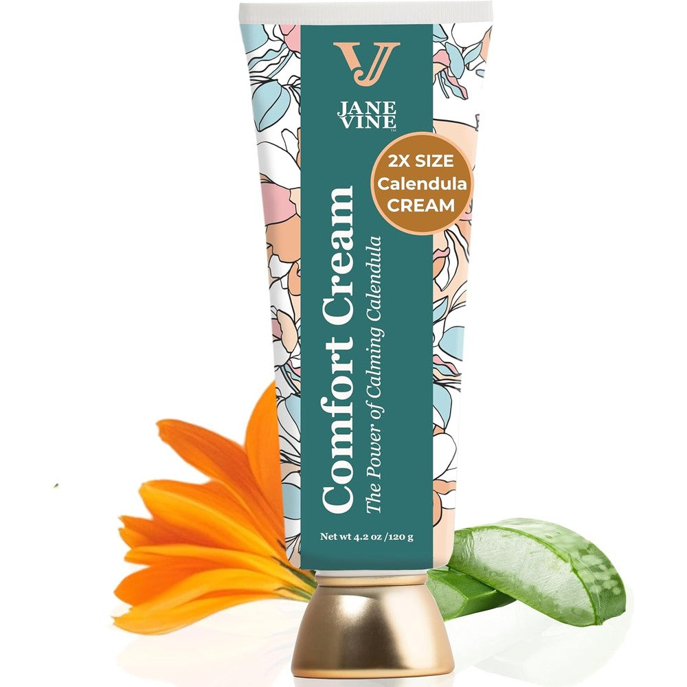 Jane Vine Calendula Comfort Cream 4.2 ounce tube front view for radiation relief.