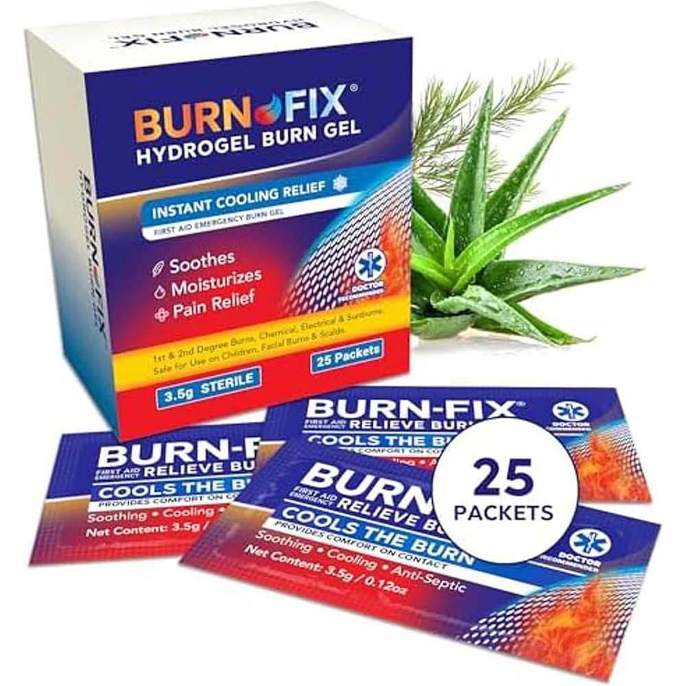 BurnFix Hydrogel Burn Gel Packets front view of the 25 count box for first aid.