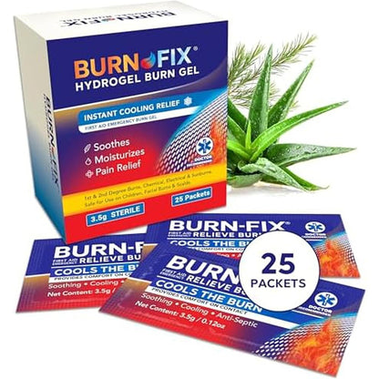 BurnFix Hydrogel Burn Gel Packets front view of the 25 count box for first aid.