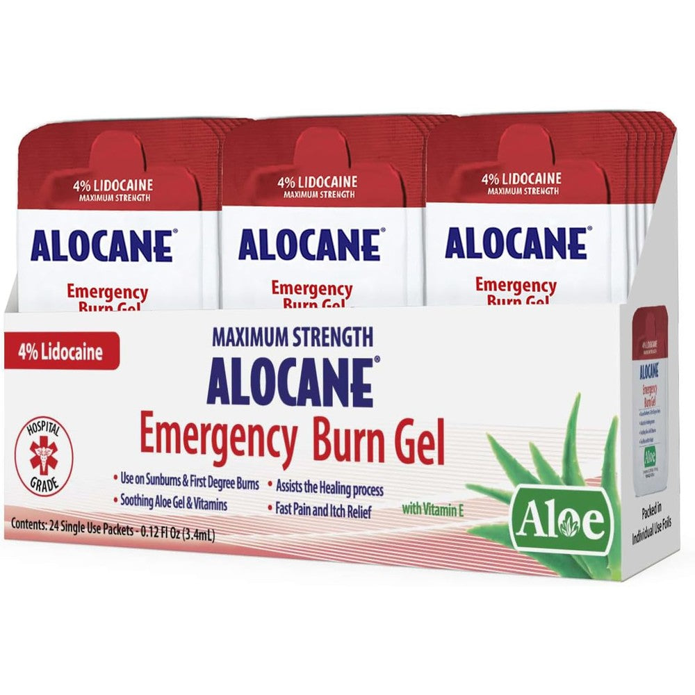 Alocane Emergency Burn Gel 24 count individual packets front view for commercial kitchens.