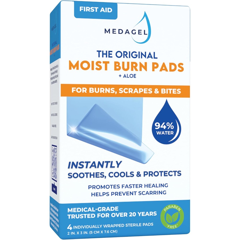 Medagel Original Moist Burn Pad front packaging showing sterile hydrogel technology