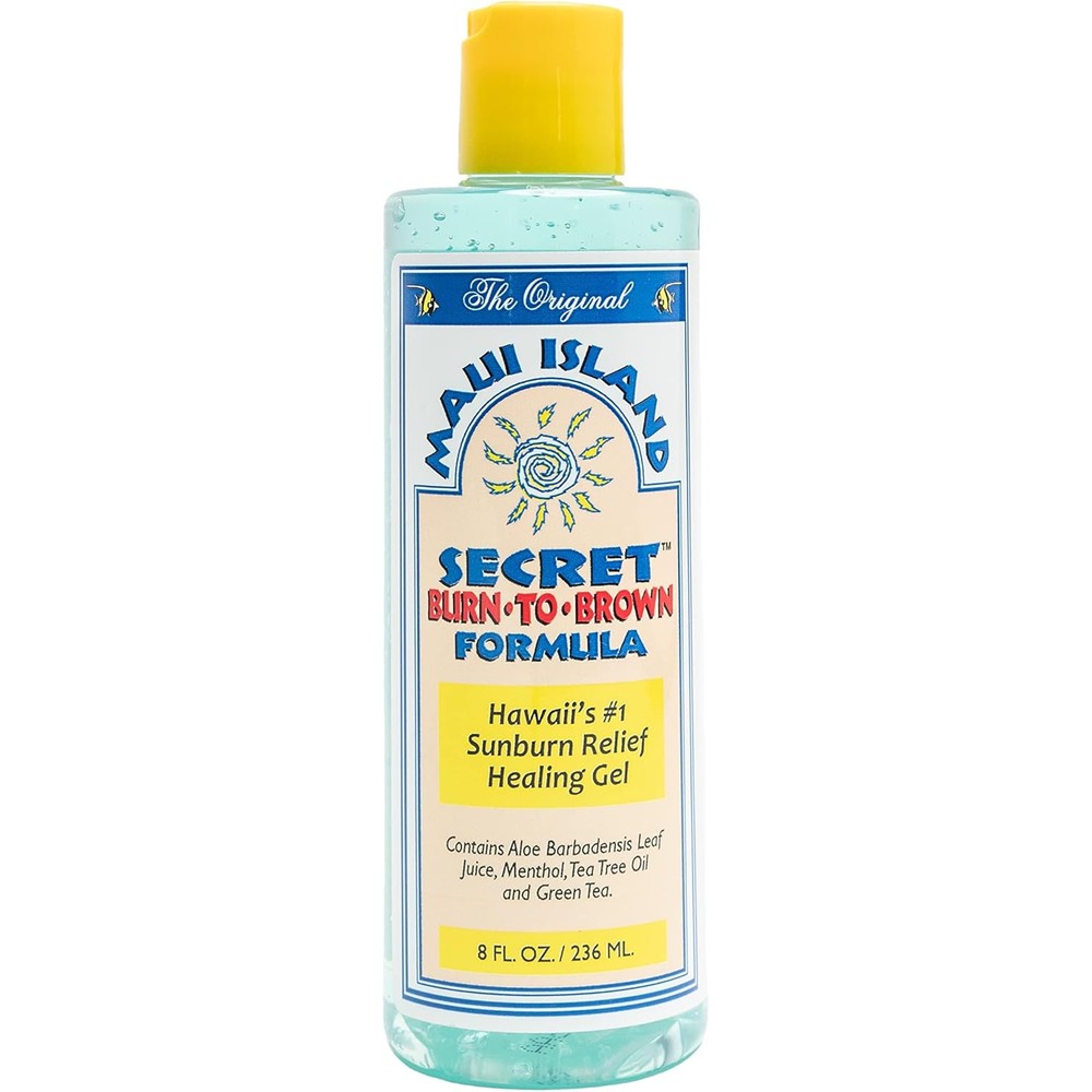 Maui Island Secret Burn to Brown Formula 8 Ounce bottle front view for sunburn relief.