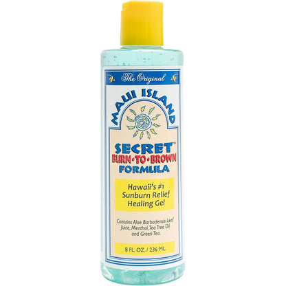 Maui Island Secret Burn to Brown Formula 8 Ounce bottle front view for sunburn relief.