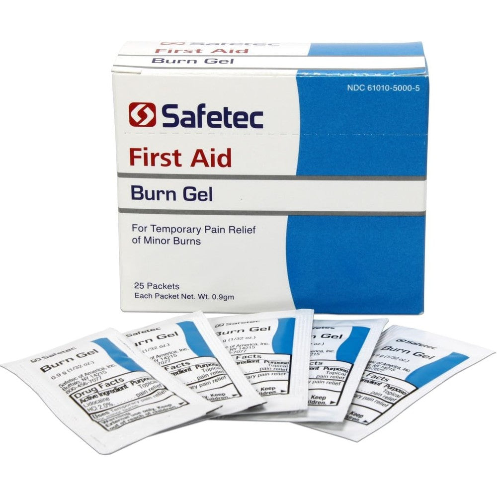 Safetec First Aid Burn Gel 25 packets box front view for emergency pain relief.