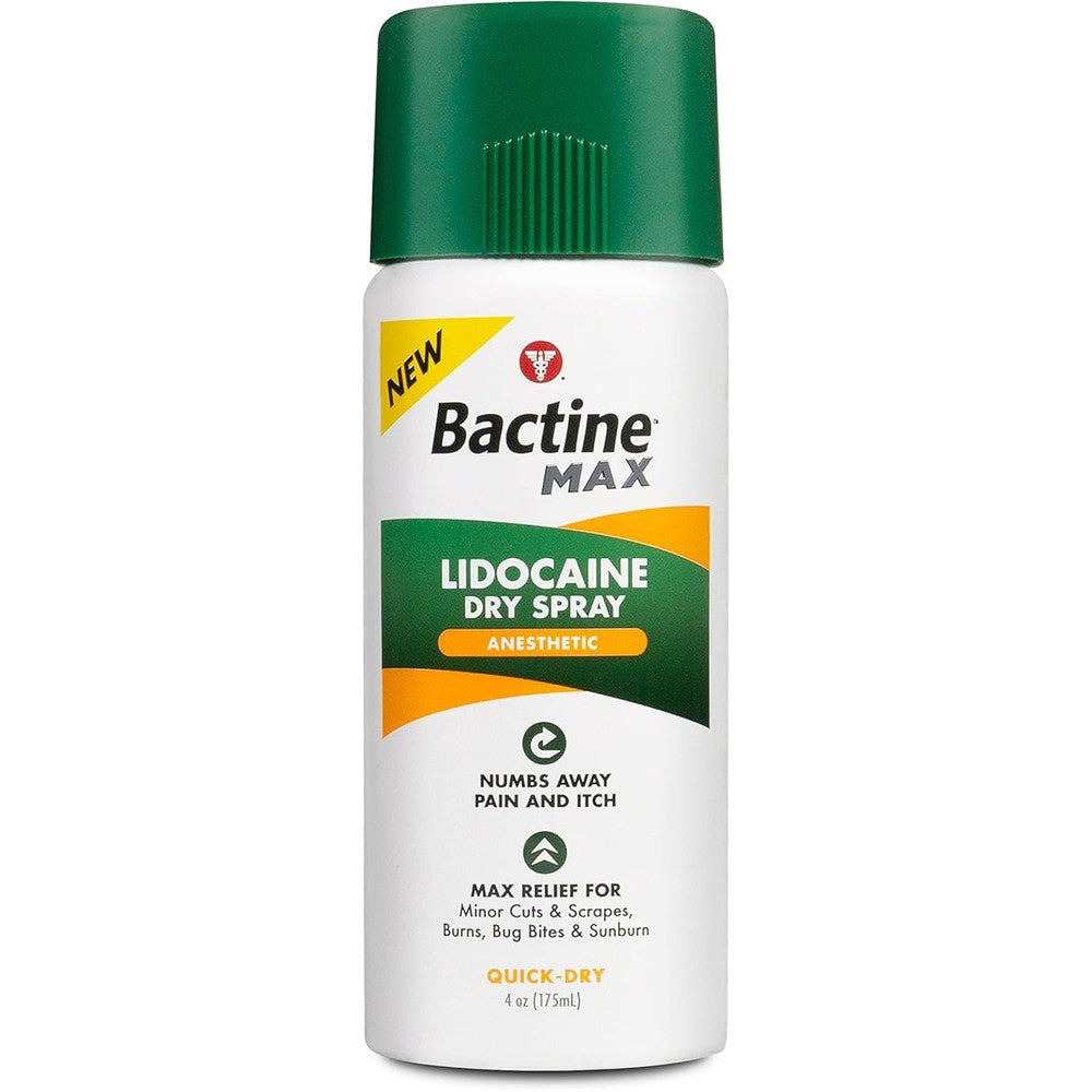 Bactine MAX Dry Spray 4 percent Lidocaine bottle front view for numbing pain relief.