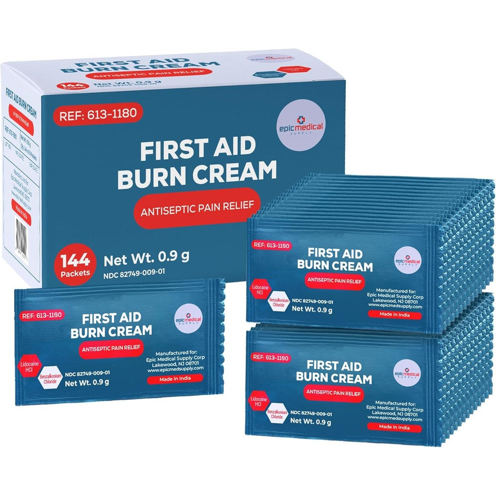Epic Medical Supply First Aid Burn Cream 144 packets box front view for burn relief