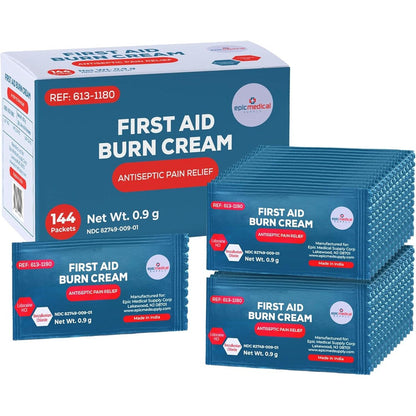 Epic Medical Supply First Aid Burn Cream 144 packets box front view for burn relief
