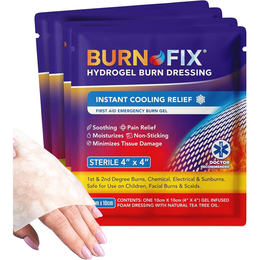 Burn-Fix 4 Pack Hydrogel Burn Gel Dressing front view for first aid burn care.
