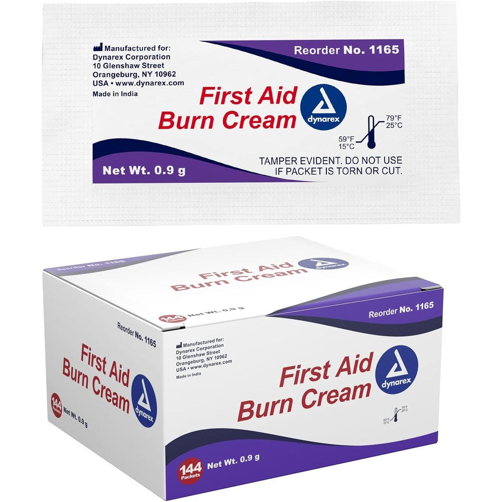 Dynarex First Aid Burn Cream box of 144 packets front view for antiseptic wound care.