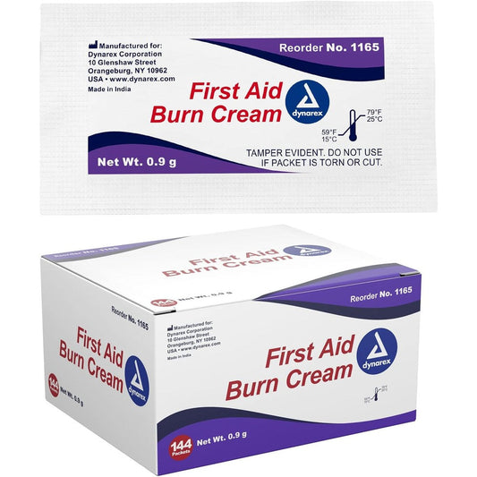 Dynarex First Aid Burn Cream box of 144 packets front view for antiseptic wound care.