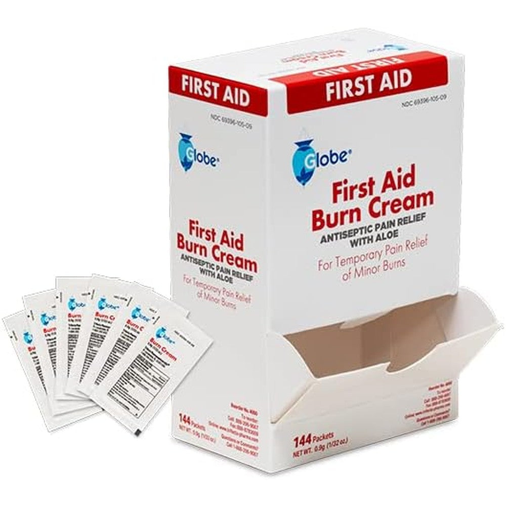 Globe First Aid Burn Cream 144 count box front view for pain relief.