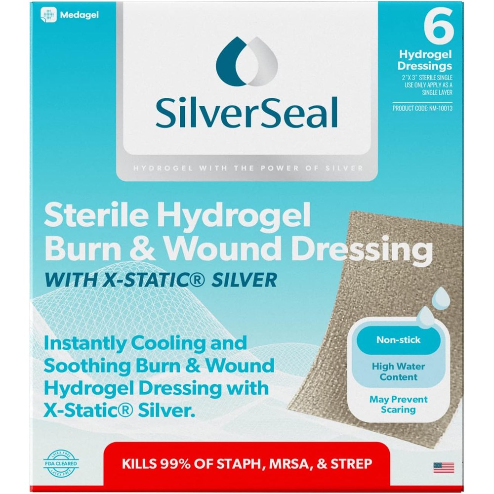 Medagel SilverSeal Burn and Wound Dressing front packaging view for antimicrobial first aid.
