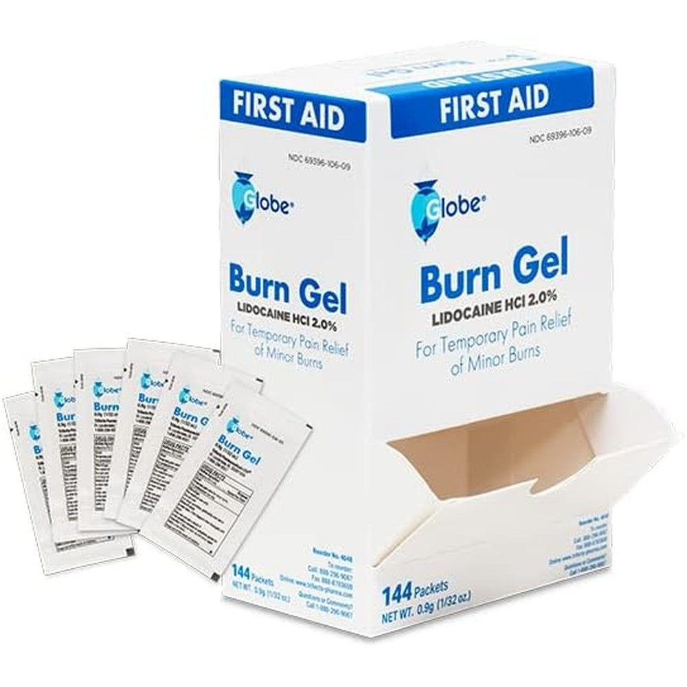 Globe First Aid Burn Gel box of 144 packets front view for burn relief.
