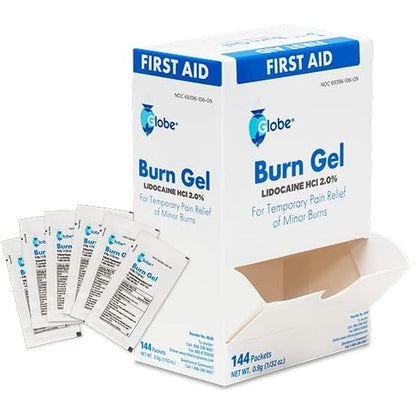 Globe First Aid Burn Gel box of 144 packets front view for burn relief.