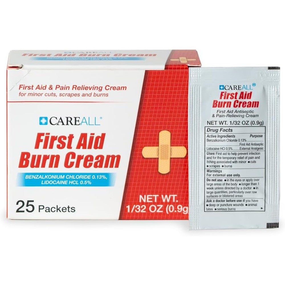 CareALL First Aid Burn Relief Cream front view box of 25 packets