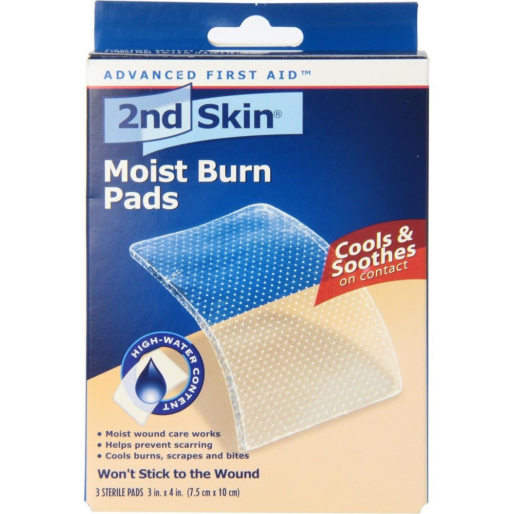 Spenco 2nd Skin Moist Burn Pads front packaging showing 3 count large size.
