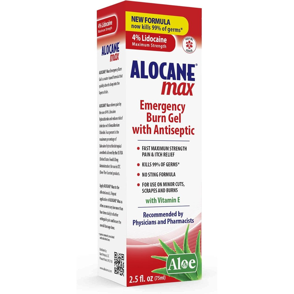 Alocane Max Emergency Burn Gel 2.5 Fluid Ounce bottle front view showing 4 percent lidocaine strength.