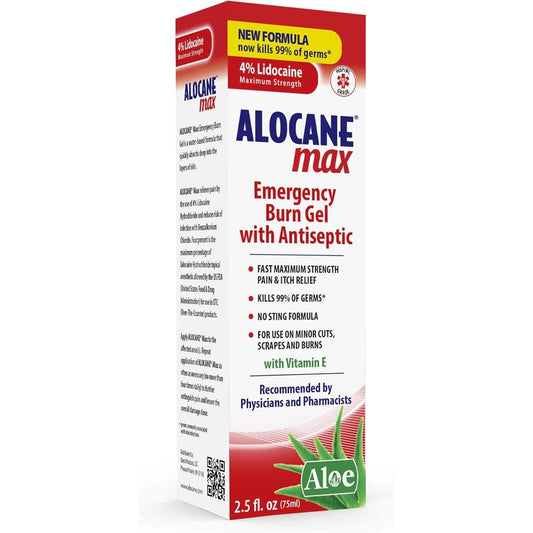 Alocane Max Emergency Burn Gel 2.5 Fluid Ounce bottle front view showing 4 percent lidocaine strength.
