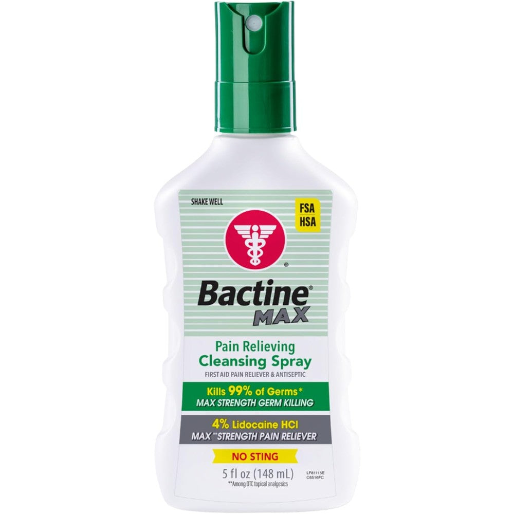 Bactine Max Pain Relieving Antiseptic Spray 5 ounce front view for first aid.