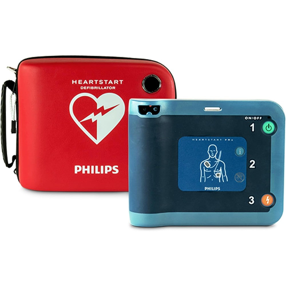 Philips HeartStart FRx Defibrillator Ready Pack front view in red carry case for emergency medical use.