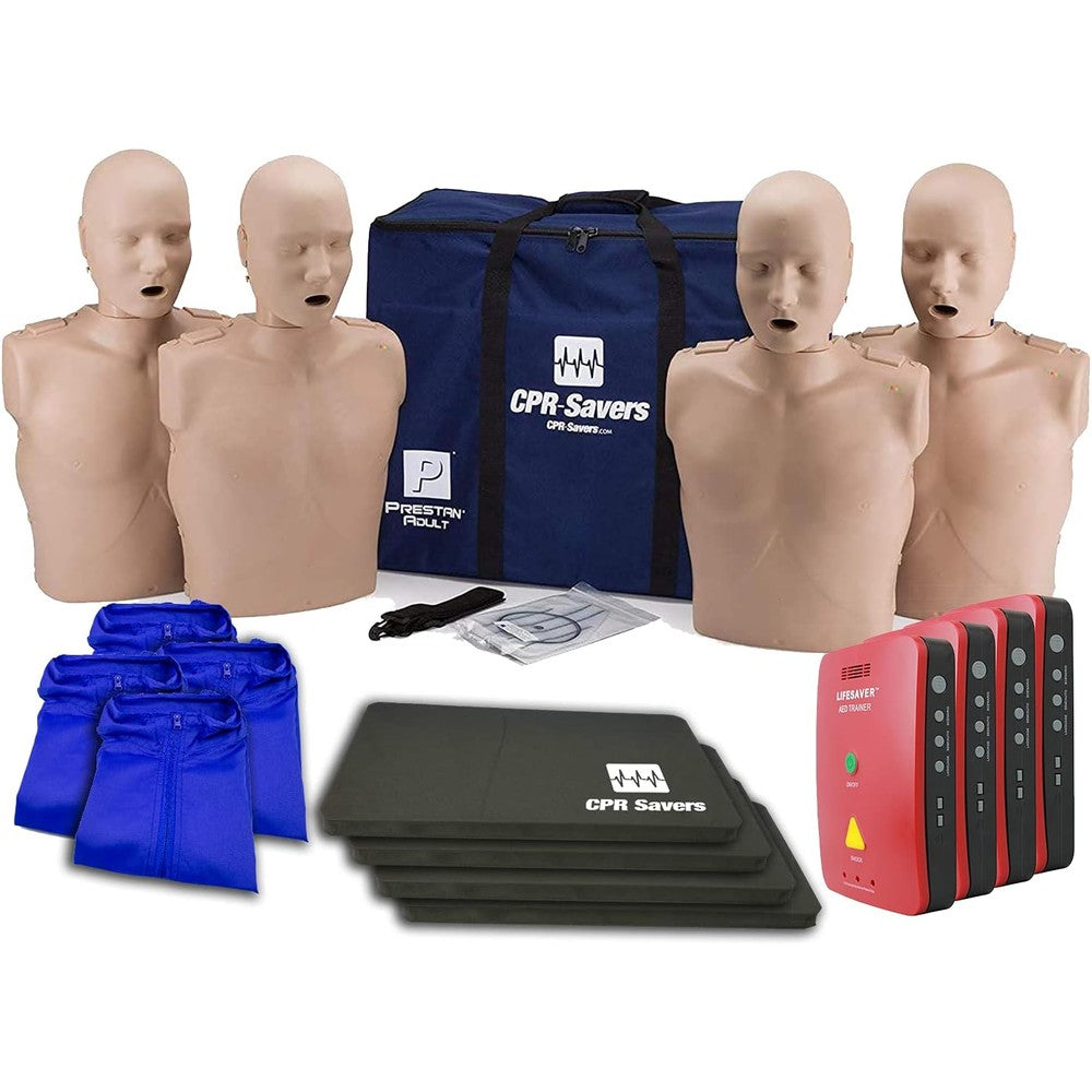 CPR Savers Prestan Professional Adult CPR Training 4 Pack front view with AED trainers.